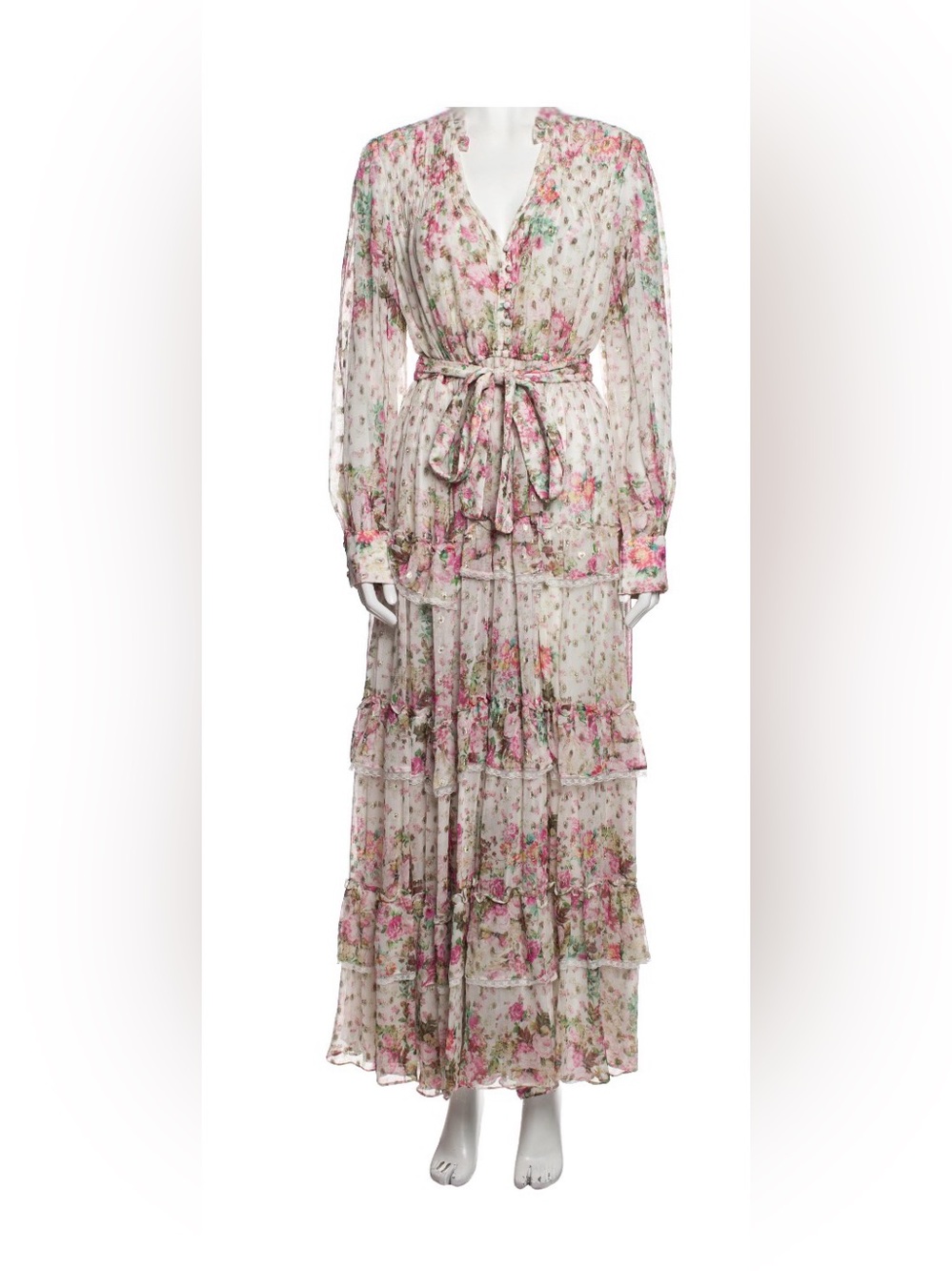 Rococo Sand Pink and Cream Floral Tiered Maxi Dress